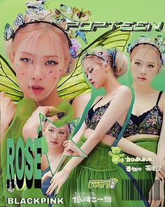 an advertisement for the korean magazine rose blackpink featuring three beautiful young women in green dresses