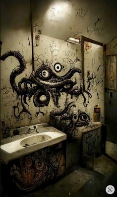 a bathroom with graffiti on the wall and sink