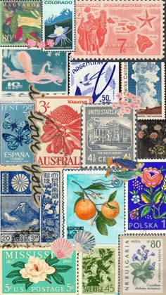 an assortment of stamps with different designs on them