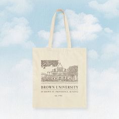 "Elevate your college style with our 100% cotton tote bag! 🎓👜 Embrace the campus vibes with a charming college design that's perfect for any occasion. 🏫💫Carry your books, laptop, and essentials in style and represent your college pride effortlessly. - 15\" x 16\" - 100% cotton canvas" Brown Canvas School Bag, Elegant Brown Canvas Tote Bag, Brown Canvas Tote Bag With Letter Print, Brown Canvas Bag With Logo, Brown University Campus, College Tote Bag, College Design, College Fashion, Tote Bag Design