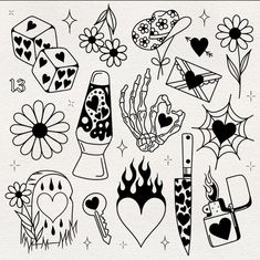 black and white drawing of different items on a piece of paper with hearts, flowers, candles