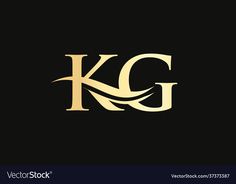 the letter kg in gold color on black background