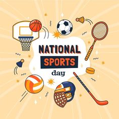 the national sports day poster is shown with various items around it, including basketballs and tennis