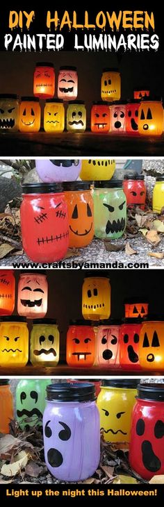 halloween jars with faces painted on them and the words diy halloween painted luminaries