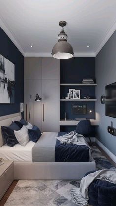 a bedroom with blue walls and white bedding