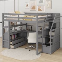 a loft bed with desk underneath it and drawers under the bed, along with an office chair