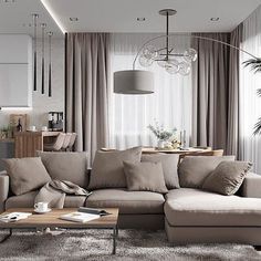 a living room filled with furniture next to a tall plant in a vase on top of a hard wood floor