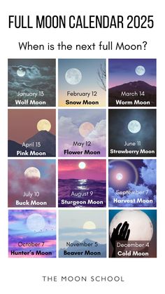 the full moon calendar is shown in different colors and sizes, including blue, pink, purple