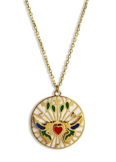 Love birds are the ideal symbol of love, commitment, loyalty, and care. The love birds pendant from L'atelier Nawbar features hand painted email and diamond detailing. Handcrafted in 18-karat yellow gold. Detailed in enamel and diamonds. Necklaces measures 17.5-in long. Finished with a spring ring clasp. Luxury Festival Pendant Necklace, Luxury Bird Design Jewelry Gift, Bird Pendant, Yellow Gold Jewelry, Yellow Gold Pendants, Metal Necklaces, Love Symbols, Gold Pendant Necklace, Love Birds