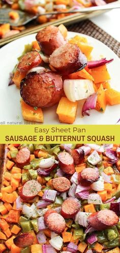 sausage and butternut squash on a plate with text overlay that reads easy sheet pan sausage and butternut squash