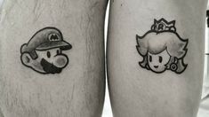 two people with mario and luigi tattoos on their legs, one is wearing a hat