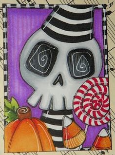 a drawing of a skeleton holding a lollipop in its mouth and wearing a hat