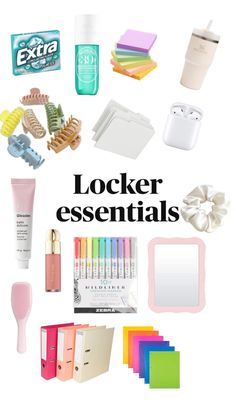 the words locker essentials are surrounded by various items such as toothbrushes, paper clips, and other things