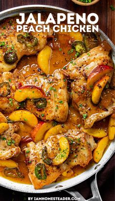 A white pan with a silver handle is filled with jalapeno peach chicken and placed on a wooden countertop. Meal Prep For Breakfast Lunch And Dinner, Chicken Sweet And Spicy, Spicy Peach Pork Chops, Chicken Different Ways, Spicy Meals Healthy, Spicy Peach Chicken, Chicken With Hot Cherry Peppers, Peach Chutney Chicken, Half And Half Chicken Recipes