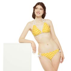 Made with 4-way stretch Tricot (82% Microfiber, 18% Spandex), this Goldenpaw Strappy Bikini Set is the perfect companion to all summer escapades. With adjustable elastic straps for a perfect fit, this complete two-piece swimsuit will become an instant summer hit. .: Material: 82% microfiber polyester, 18% spandex.: Medium fabric (7.5 oz /yd² (250 g/m²)).: Two piece swimsuit .: Adjustable elastic straps.: Removable cups.: Assembled in the USA from globally sourced parts.: Seam thread color automa Summer Strappy Stretch Swimwear, Strappy Swimwear For Pool, Adjustable Yellow Swimwear For The Pool, Summer Triangle Top Swimwear In Elastane, Strappy Stretch Summer Swimwear, Triangle Top Swimwear For Poolside, Poolside Triangle Top Swimwear, Stretch Strappy Swimwear For Pool, Yellow Strappy Swimwear For Poolside