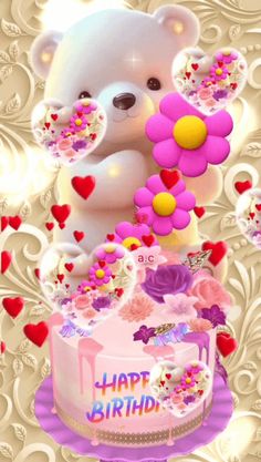 a happy birthday card with a white teddy bear holding a pink flower and heart shaped balloons