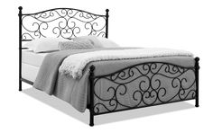 a black metal bed frame with white pillows and blankets on top of it, in front of a white background