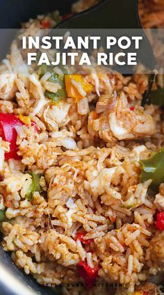 instant pot fajita rice with peppers and onions in a skillet, ready to be eaten