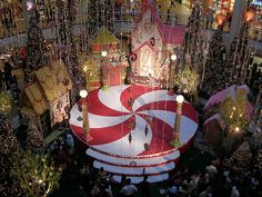 an overhead view of a christmas display in a mall