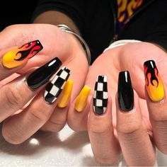 Drag Racing Nails, Race Car Theme Nails, Bike Week Nails, Motorcycle Nails Designs, Concert Nail Designs, Racer Nails, Ktm Nails, Race Nails Designs