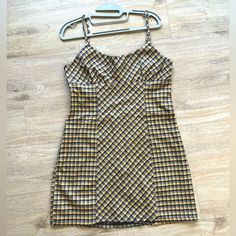 Never Worn* Plaid Mini Dress With Adjustable Straps In Yellow / Orange, Grey, Blue New W/O Tags Measurements In Pics Plaid Mini Dress, Orange Grey, Wild Fable, Grey Blue, Yellow Orange, Orange Yellow, Blue Orange, Adjustable Straps, Plaid