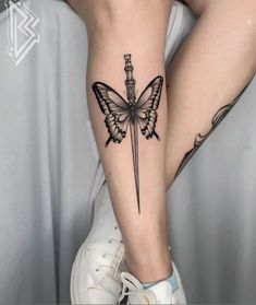 Butterfly And Dagger Tattoo, Butterfly Leg Tattoo, Butterfly Leg Tattoos, Antler Tattoos, Geometric Tattoo Sleeve Designs, Bull Skull Tattoos, Lower Arm Tattoos, Science Tattoos