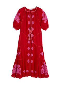 Matisse Embroidered Ukrainian Dress/ Caftan - Red, Pink by Larkin Lane With its feminine shape and exquisite embroidery and details, the Matisse dress from Ukraine is a "one decision" outfit that speaks volumes about your style. The beauty of this textile tradition takes center-stage and can be paired with simple accessories, wedges, boots, or sandals. Versatile enough to go from sightseeing to celebrations; and did we mention... it has pockets?? Embroidery is a fundamental part of the Ukrainian Traditional Embroidered Red Maxi Dress, Traditional Red Embroidered Maxi Dress, Red Folk Embroidered Dress With Floral Design, Red Folk Style Dress With Floral Embroidery, Red Embroidered Maxi Length Dress, Red Folk Style Embroidered Dress, Red Maxi Dress With Intricate Embroidery, Festive Red Bohemian Embroidered Dress, Festive Bohemian Embroidered Red Dress