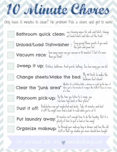 the 10 minute chores checklist is shown in blue and white with text overlay