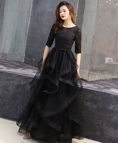 Black Organza Ball Gown Dress, Black Organza Ball Gown, Black Tulle Skirt Formal Dress, Organza Dress With Tulle Skirt For Banquet, Black Floor-length Organza Dress, Black Organza Long Sleeve Dress, Black Long Sleeve Cocktail Dress, Lace Long Prom Dress, Prom Dress Black