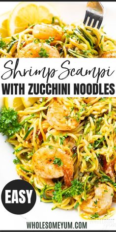 shrimp scamperi with zucchini noodles and lemon wedges on a white plate