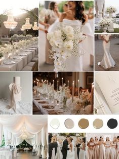 a collage of photos with white flowers and champagne colored wedding colors in the background