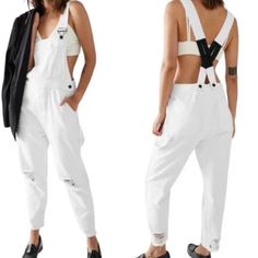 Sandrine Rose X Free People Distressed Overalls In Dust Color With Utility Detailing. Bib-And-Brace Overalls With Adjustable Straps On The Front Buckle, And The Back Of The Strap Features Black Elastic Bands That Attach To The Bottom Button Detail. Side Buttons Allows A Tighter Or Looser Fit. Drop Crotch Adds That Slouchy Streetwear Look That's Comfy With An Edge. New With Tags. Measurements Shown Are For A Size Medium. Please Let Me Know If You Need Measurements For The Size Small. Bib And Brace Overalls, Pinstripe Jumpsuit, Olive Green Jumpsuit, Distressed Overalls, Beach Rompers, Formal Jumpsuit, Knit Jumpsuit, Cute Rompers, Striped Jumpsuit