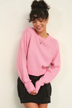 Cozy crewneck sweater. Soft fabric. Semi cropped length, comfortable fit, with ribbed details on sleeves and neckline. Material: 100% Acrylic MODEL IS 5' 9" TALL, 32" CHEST, 23" WAIST AND 35" HIPS AND WEARING A SIZE SMALL Light Pink Sweater, Winter Shopping, Light Pink Sweaters, Semi Cropped, Pink Knit Sweater, Pink Knit, Fall Fits, Girly Stuff, Sweaters Crewneck