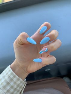 Pastel Summer Nails 2023, Blue Gel Extension Nails, Sky Blue Almond Nails, Blue Nails Almond Shape, Trendy Nails Almond, Blue And White Nails Acrylic, Nails Almond Shape, Classy Vacation Nails, Winter Nails Almond Shape