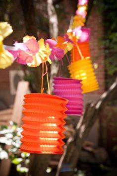 colorful paper lanterns are hanging from a tree