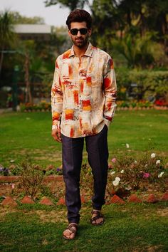 Orange full sleeves button down shirt crafted in 100% linen with all over abstract collage print. - Aza Fashions Multicolor Long Sleeve Linen Tops, Printed Relaxed Fit Linen Shirt, Abstract Collage, Print Collage, Full Sleeves, Shirt Pattern, Print Shirt, Aza Fashion, Full Sleeve