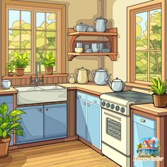 the kitchen is clean and ready to be used for cooking or baking, as well as potted plants