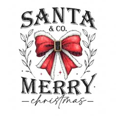 the santa and co merry christmas logo with a red bow on it's head