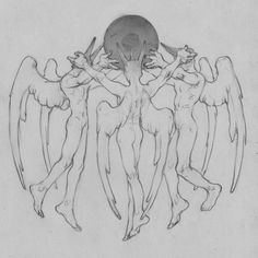 a drawing of three angels with their heads in the air and hands on top of each other