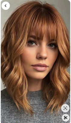 Red Hair Cuts Medium Shoulder Length, Shoulder Length Strawberry Blonde Hair, Blonde Hair Color Ideas For Fall Winter Medium Lengths, Strawberry Blonde Copper Hair, Copper Shoulder Length Hair, Light Copper Blonde Hair, Shoulder Length Copper Hair, Fall Strawberry Blonde Hair Color, Dirty Strawberry Blonde Hair