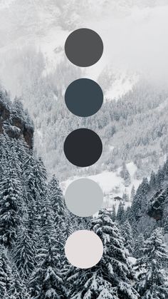 an image of snow covered mountains and trees with circles in the sky above them that are black, white, and grey