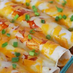 a casserole dish with chicken, cheese and green onions on it's side