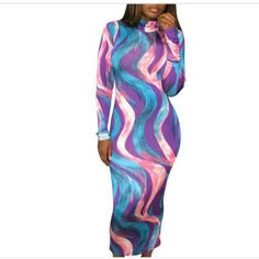 Twist Long Sleeve Pink And Blue Dress Purple Stretch Midi Dress, Chic Purple Long Sleeve Midi Dress, Purple Stretch Midi Dress For Party, Purple Stretch Maxi Dress For Night Out, Blue High Neck Maxi Dress For Summer, Long Sleeve Purple Maxi Dress For Fall, Purple Stretch Maxi Dress For Party, Chic Purple Midi Dress For Fall, Purple Long Sleeve Midi Dress For Fall