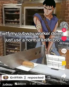 an image of a man cooking in the kitchen with text overlay that reads, why my subway worker doing just use a normal knife bro