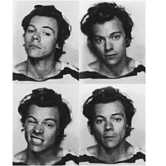 four mugshots of the same man with different facial expressions and hair in black and white