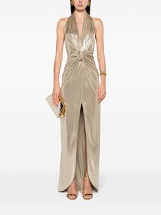 NISSA Backless high-shine Maxi Dress - Farfetch Chic Gold Maxi Length Evening Dress, Chic Gold Maxi Dress For Evening, Chic Gold Evening Maxi Dress, Chic Gold Maxi Dress For Formal Occasions, Gold V-neck Maxi Dress For Evening, Luxury Gold Maxi Evening Dress, Luxury Gold Maxi Dress For Evening, Elegant Metallic V-neck Maxi Dress, Gold Evening Maxi Dress For Gala