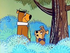 a cartoon bear and dog standing in the woods next to a tree with leaves on it