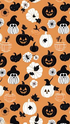 an orange background with black and white pumpkins, jack - o'- lanterns, and bats