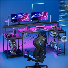 a computer desk with two monitors and a gaming chair in front of it on a blue background