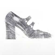 a black and white drawing of a high heeled shoe